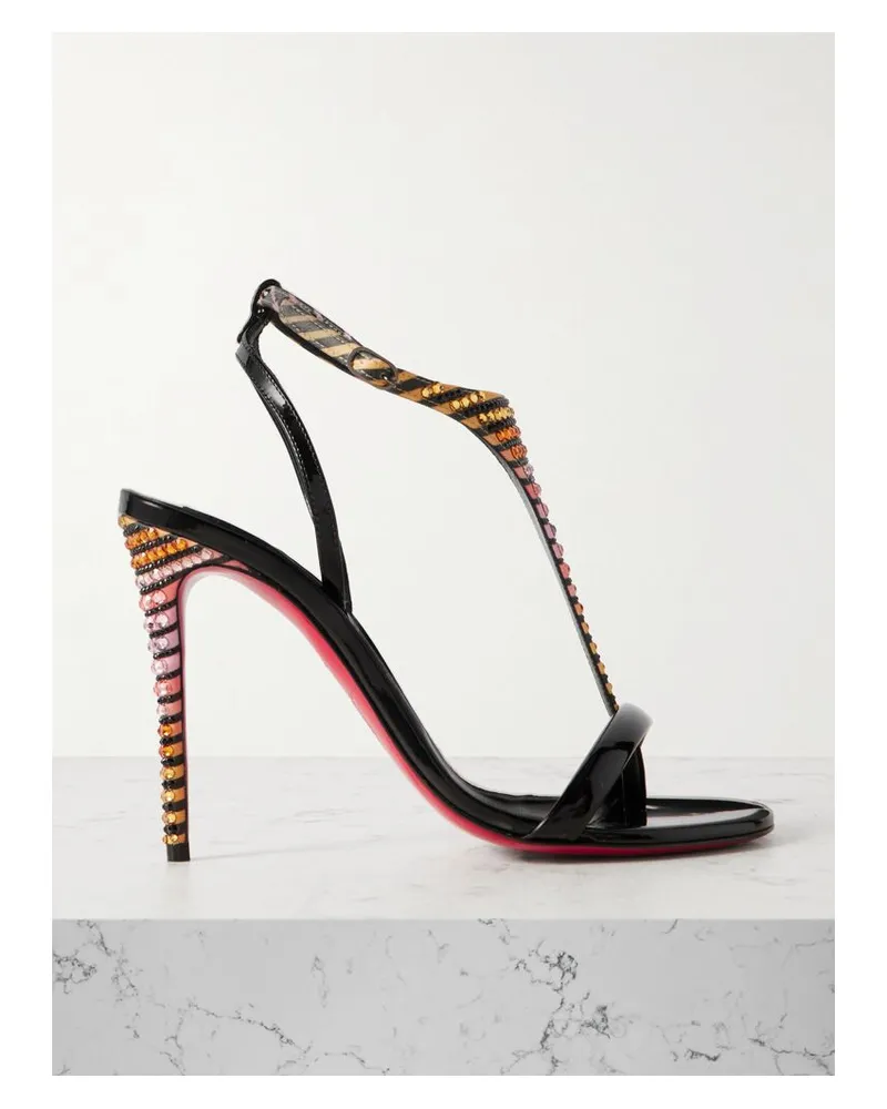 Christian Louboutin Athina 100 Sandalen Aus Satin Mit Streifen, Kristallen Und Besätzen Aus Lackleder - Schwarz Schwarz