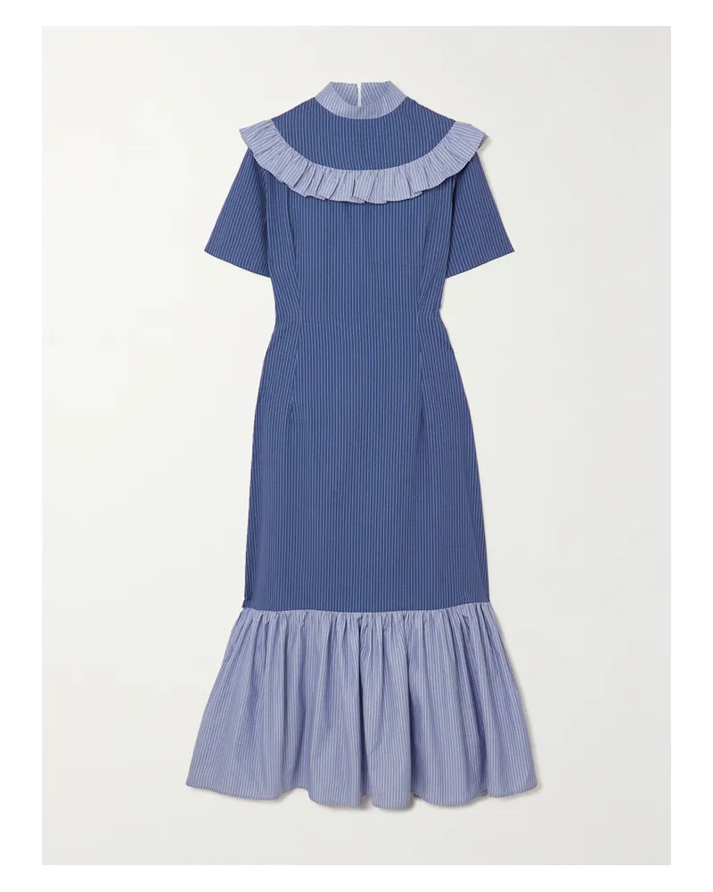 Sindiso Khumalo The Vanguard Miss Gee Midikleid Aus Baumwollpopeline Mit Nadelstreifen Und Rüschen - Blau Blau