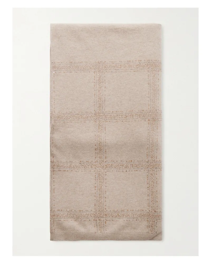 Brunello Cucinelli Sequined Checked Wool, Cashmere And Silk-blend Scarf - Neutrals Neutrals