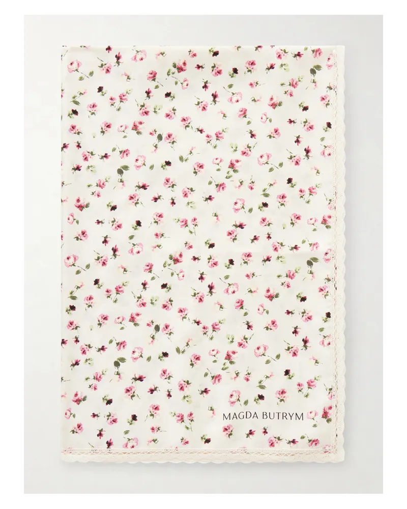 Magda Butrym Lace-trimmed Floral-print Silk-twill Scarf - Neutrals Neutrals