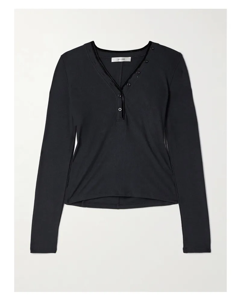 Frame Denim The Henley Velvet-trimmed Ribbed Stretch-modal Top - Black Black