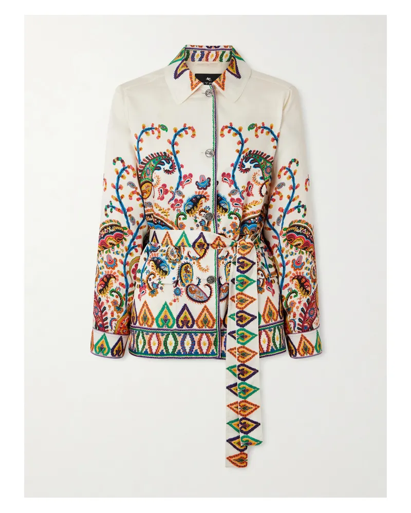 Etro Safari Jacke Aus Glänzendem Twill Mit Paisley-muster Und Bindegürtel - Weiß Weiß