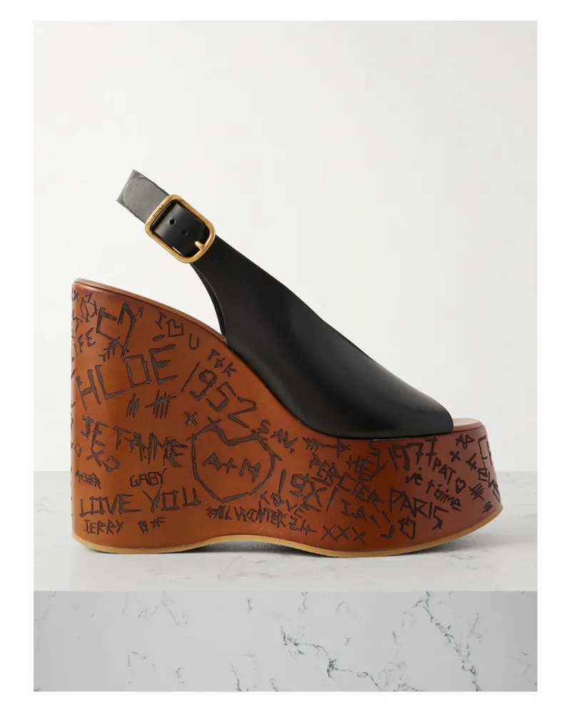 Chloé Maxime Leather Slingback Platform Wedge Sandals - Black Black