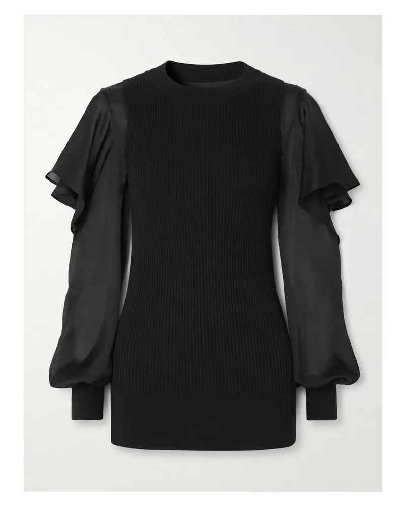 Sacai Ribbed Cotton And Ruffled Chiffon Top - Black Black