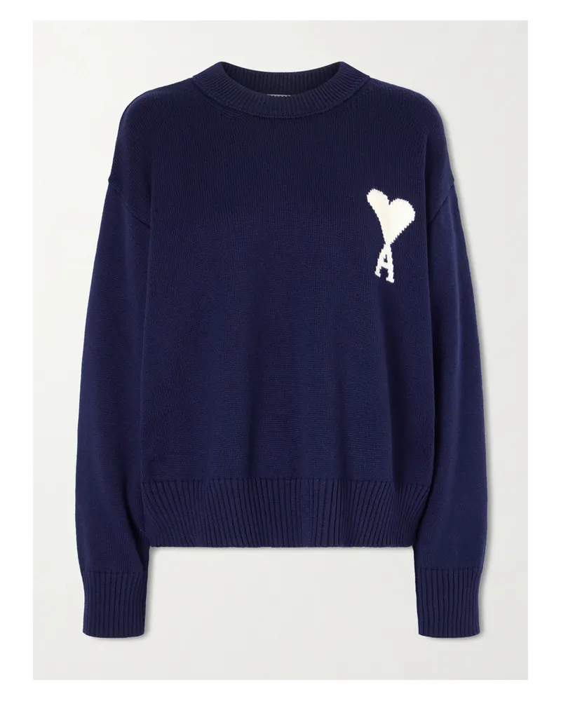 AMI Paris Intarsia Wool And Cotton-blend Sweater - Blue Blue
