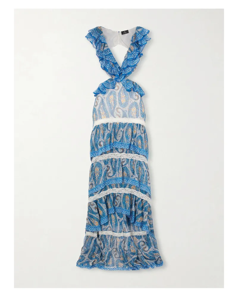 Etro Asymmetric Ruffled Tiered Lace-trimmed Paisley-print Silk-chiffon Maxi Dress - Blue Blue