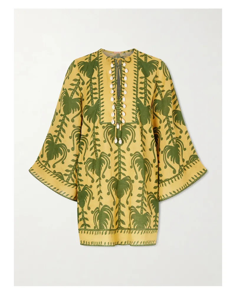 Johanna Ortiz Wild Savannah Shell-embellished Linen Mini Dress - Yellow Yellow