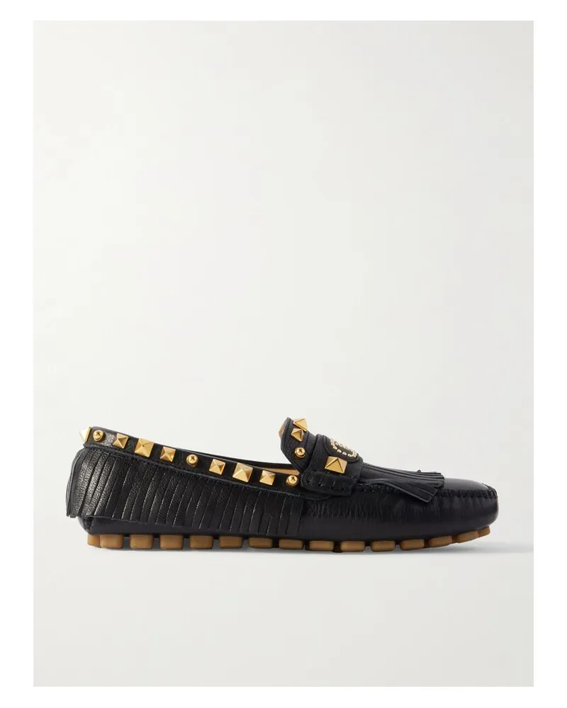 Valentino Garavani Plaster Caster Driver Loafers Aus Strukturiertem Mit Fransen Und Nieten - Schwarz Schwarz