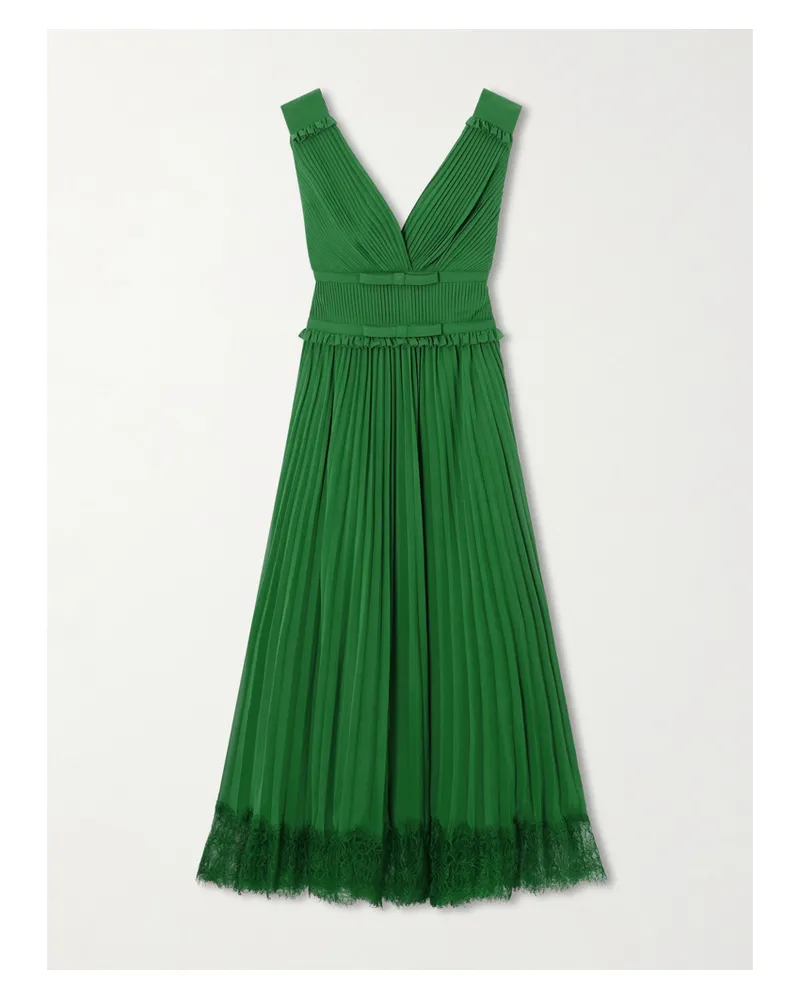 Self-Portrait Lace-trimmed Pleated Chiffon Midi Dress - Green Green