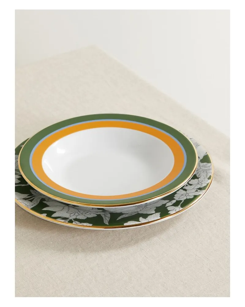 La DoubleJ Libellula Set Aus Zwei Porzellantellern Mit Vergoldeten Details - Grün Grün