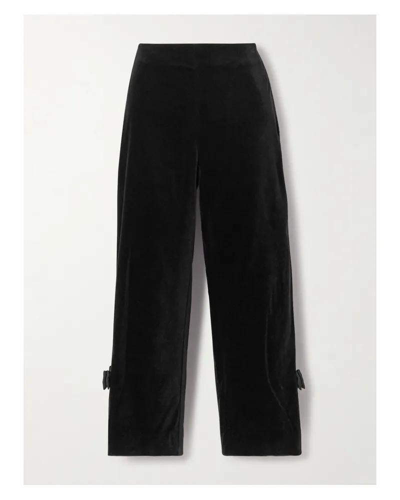 Posse Quincy Cropped Bow-detailed Satin-trimmed Cotton-velvet Slim-leg Pants - Black Black