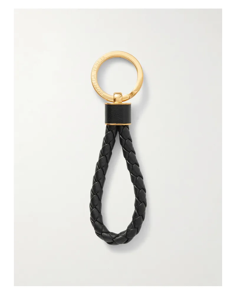 Bottega Veneta Intrecciato Leather And Gold-tone Keyring - Black Black