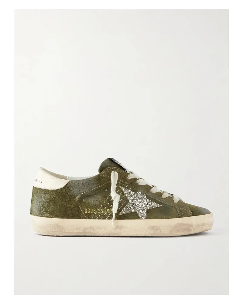 Golden Goose Super-star Sneakers Aus Veloursleder Mit Lederbesatz Und Details Mit Glitter-finish In Distressed-optik - Grün Grün