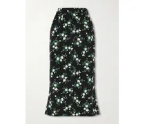 Floral-print Satin Midi Skirt - Black