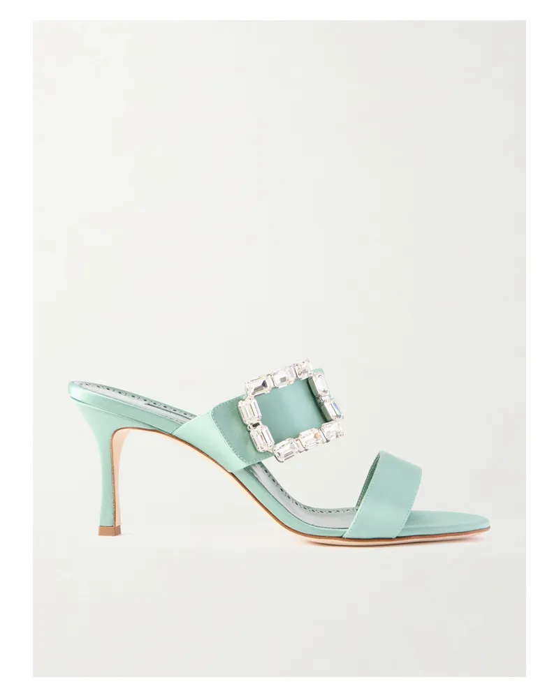Manolo Blahnik Mayjousan 70 Crystal-embellished Satin Mules - Green Green