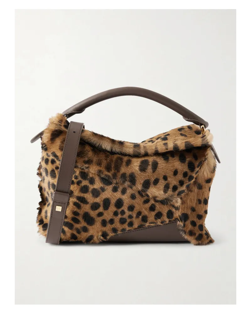 Loewe Puzzle Edge Small Leather-trimmed Leopard-print Shearling Shoulder Bag - Animal print Animal