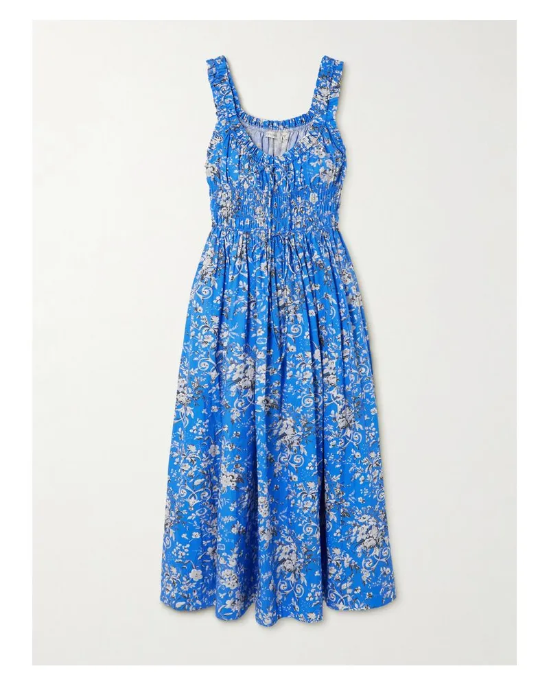 DÔEN Emmaretta Midikleid Aus Biobaumwoll-voile Mit Blumenprint Und Raffungen - Blau Blau