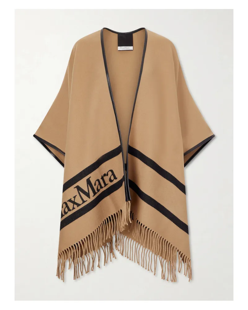 Max Mara Fringed Leather-trimmed Wool-jacquard Cape - Brown Brown