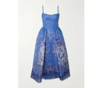 Rebellion Lace-up Embellished Pleated Gathered Printed Linen And Silk-blend Midi Dress - Blue