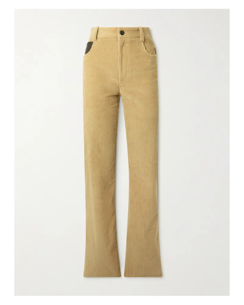 Bottega Veneta Leather-trimmed Cotton-corduroy Straight-leg Pants - Neutrals Neutrals