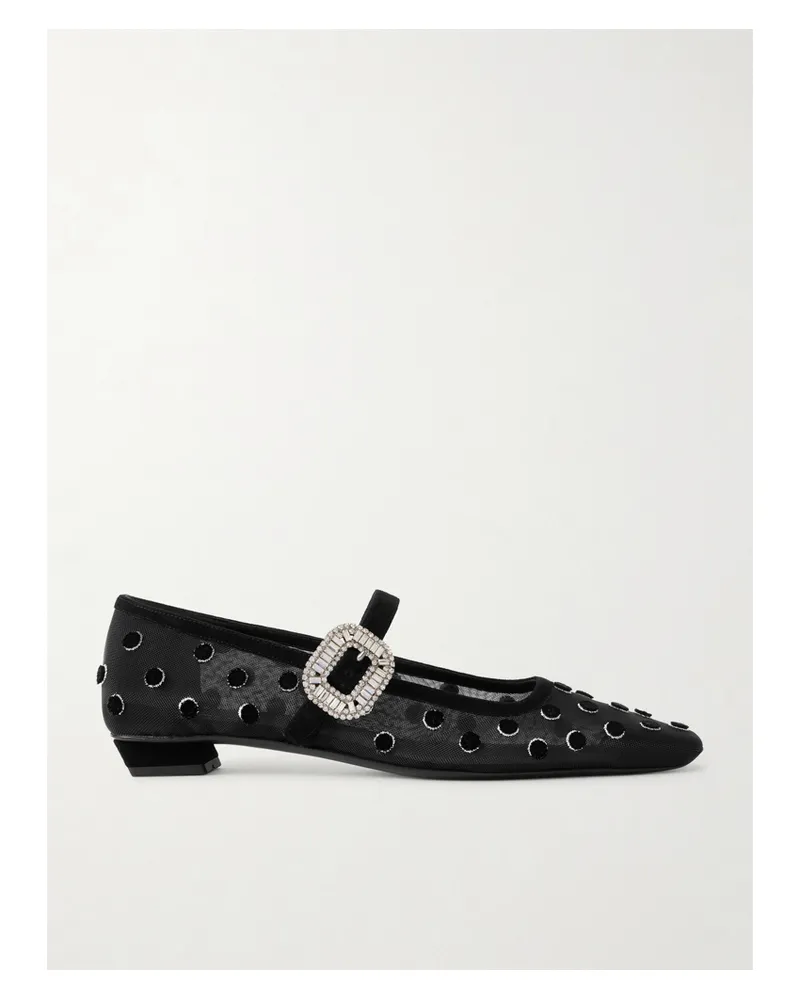 Roger Vivier Belle Vivier 25 Embellished Flocked Mesh Mary Jane Ballet Flats - Black Black