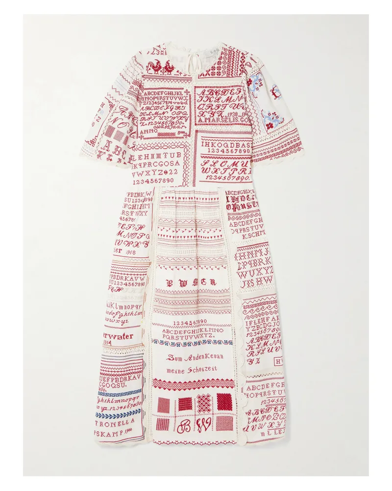 Sea Kit Scalloped Crochet-trimmed Embroidered Cotton And Linen-blend Midi Dress Red