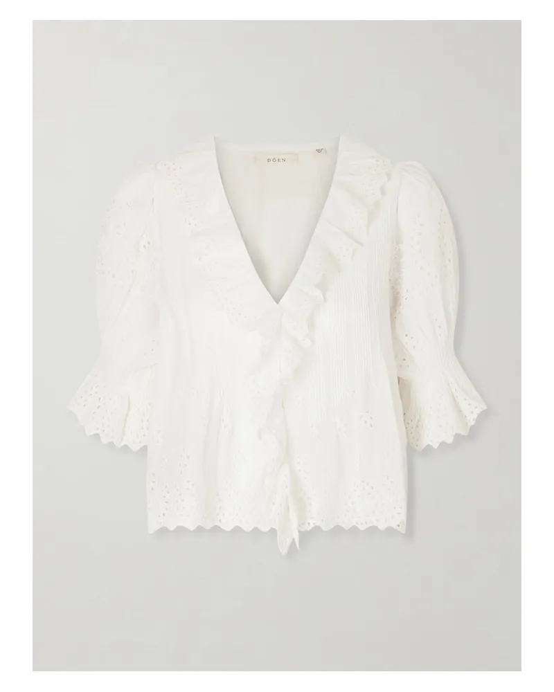 DÔEN Henri Ruffled Pintucked Broderie Anglaise Cotton Top - White White