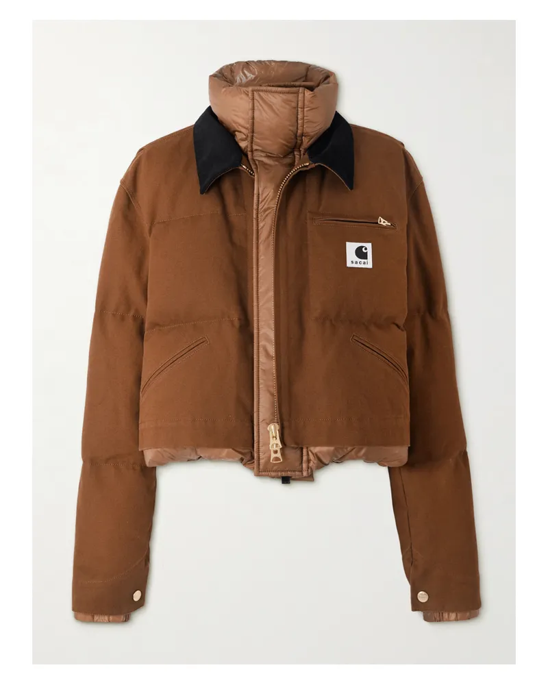 Sacai Carhartt Wip Verkürzte Daunenjacke Aus Gestepptem Shell Und Baumwoll-canvas Mit Cordbesatz - Braun Braun