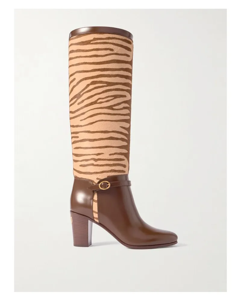 Valentino Garavani Pattie 75 Kniehohe Stiefel Aus Leder Und Kalbshaar Mit Zebraprint Und Schnalle - Braun Braun