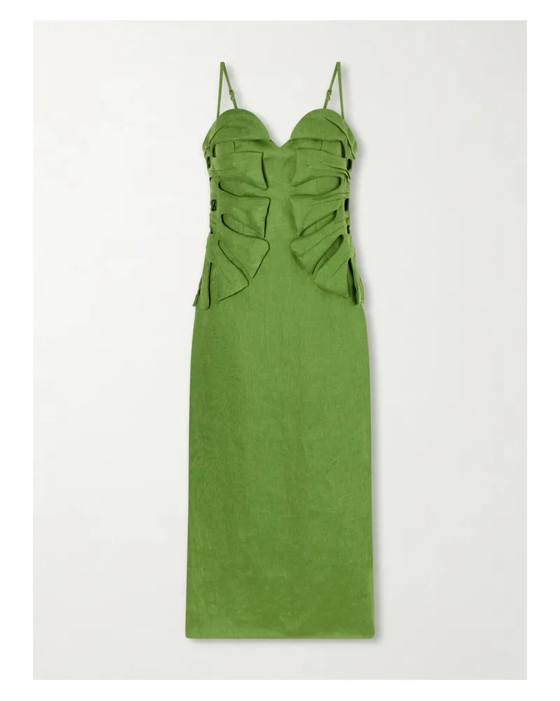 FARM Rio Monstera Leaf Linen Midi Dress - Green Green