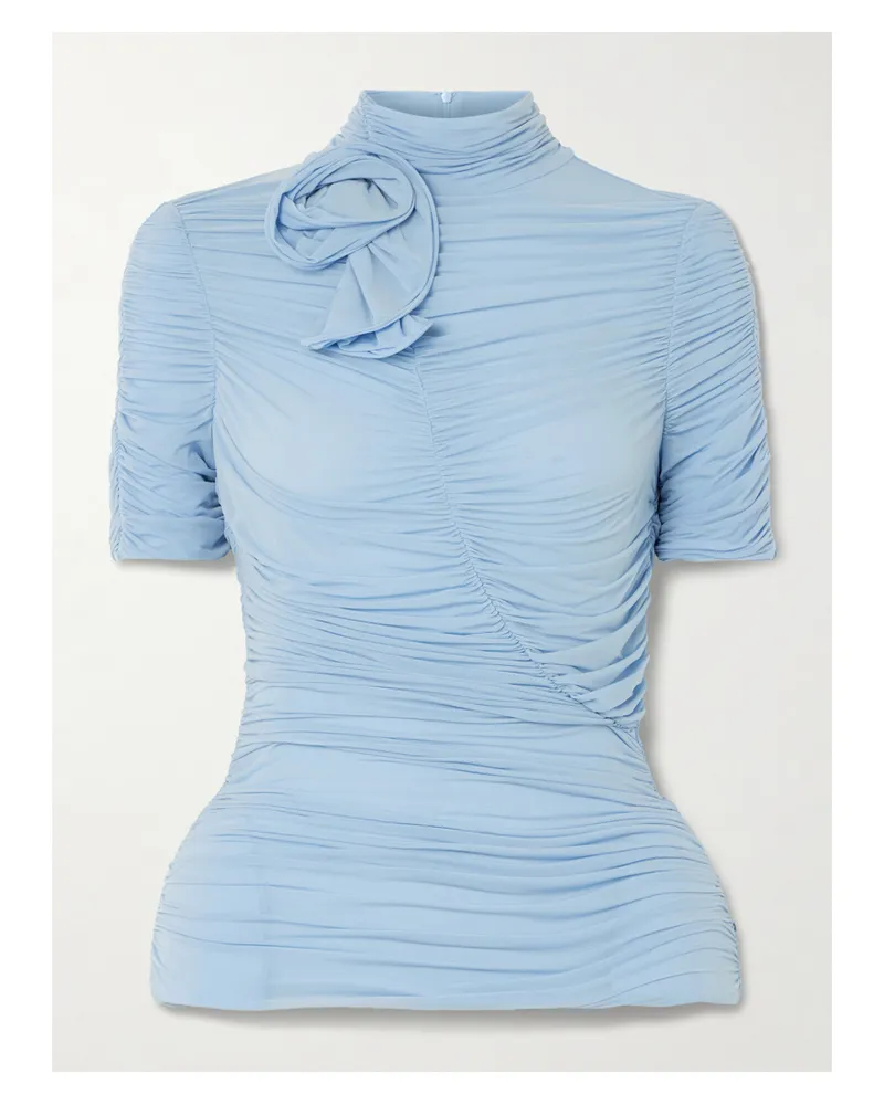 Magda Butrym Ruched Appliquéd Stretch-mesh Peplum Turtleneck Top - Blue Blue