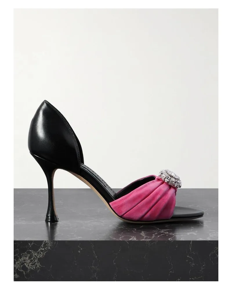 Manolo Blahnik Ansak 90 Pumps Aus Leder Und Veloursleder Mit Kristallen - Schwarz Schwarz