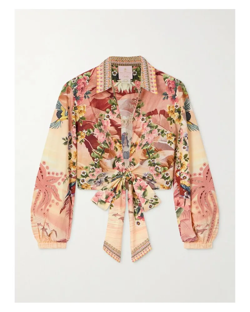 Camilla The White Lotus Verkürztes Wickelhemd Aus Bedruckter Biobaumwollpopeline Mit Kristallen - Pink Pink