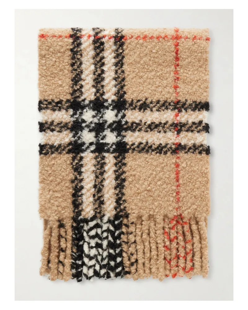 Burberry Fringed Checked Alpaca And Wool-blend Bouclé Scarf - Neutrals Neutrals