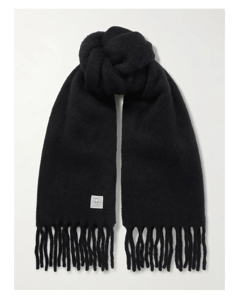 Totême Schal Aus Einer Gebürsteten Alpakawollmischung Mit Fransen Und Applikation - Schwarz Schwarz