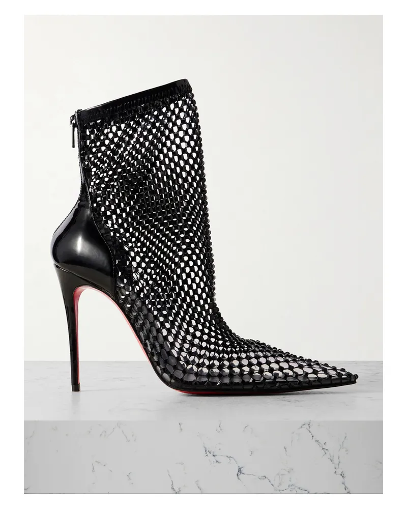 Christian Louboutin Kate Max 100 Crystal-embellished Patent-leather And Mesh Ankle Boots - Black Black