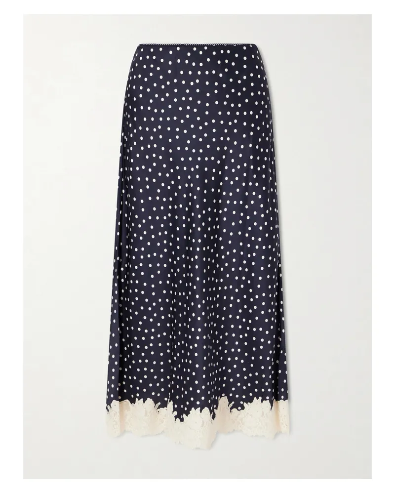 RIXO Matilde Lace-trimmed Polka-dot Satin Midi Skirt - Blue Blue