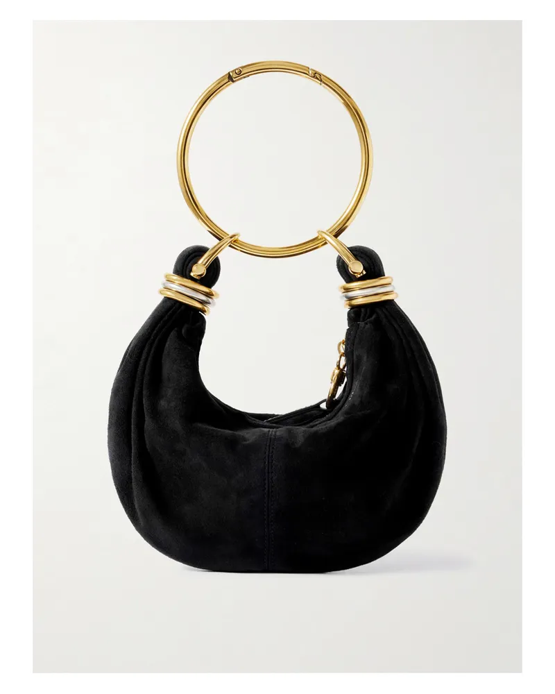 Chloé Bracelet Small Embellished Leather-trimmed Suede Shoulder Bag - Black Black