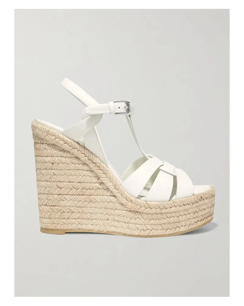 Saint Laurent Tribute Espadrille-wedges Aus Leder In Flechtoptik - Weiß Weiß