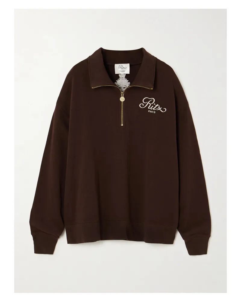 Frame Denim Ritz Paris Oversized Embroidered Cotton-jersey Half-zip Sweatshirt - Brown Brown