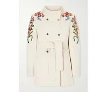 Jacke Aus Denim Mit Stickereien, Verzierungen Und Bindegürtel - Creme