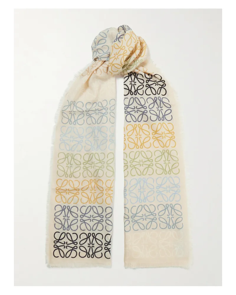 Loewe Fringed Printed Wool, Silk And Cashmere-blend Scarf - White White