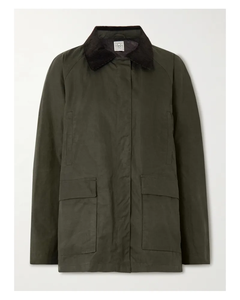 Totême Oversized Corduroy-trimmed Waxed Organic Cotton Jacket - Green Green
