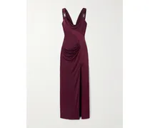 Embellished Paneled Draped Satin-jersey Gown - Burgundy