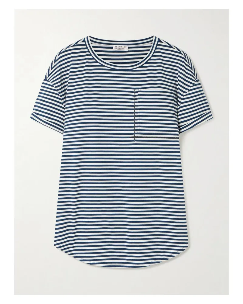 Brunello Cucinelli T-shirt Aus Gestreiftem Baumwoll-jersey Mit Zierperlen - Blau Blau