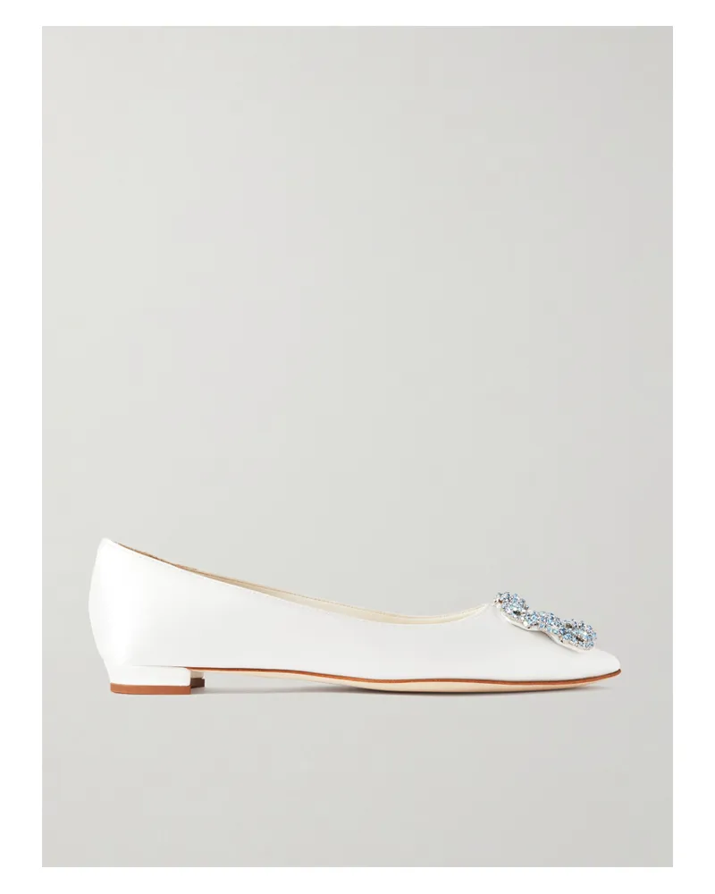 Manolo Blahnik Hangisiflat Crystal-embellished Satin Point-toe Flats - White White
