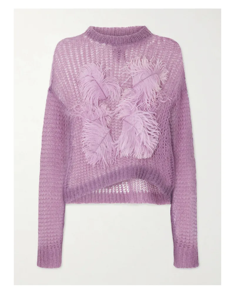 ATTICO Feather-trimmed Crochet-knit Mohair-blend Sweater - Purple Purple