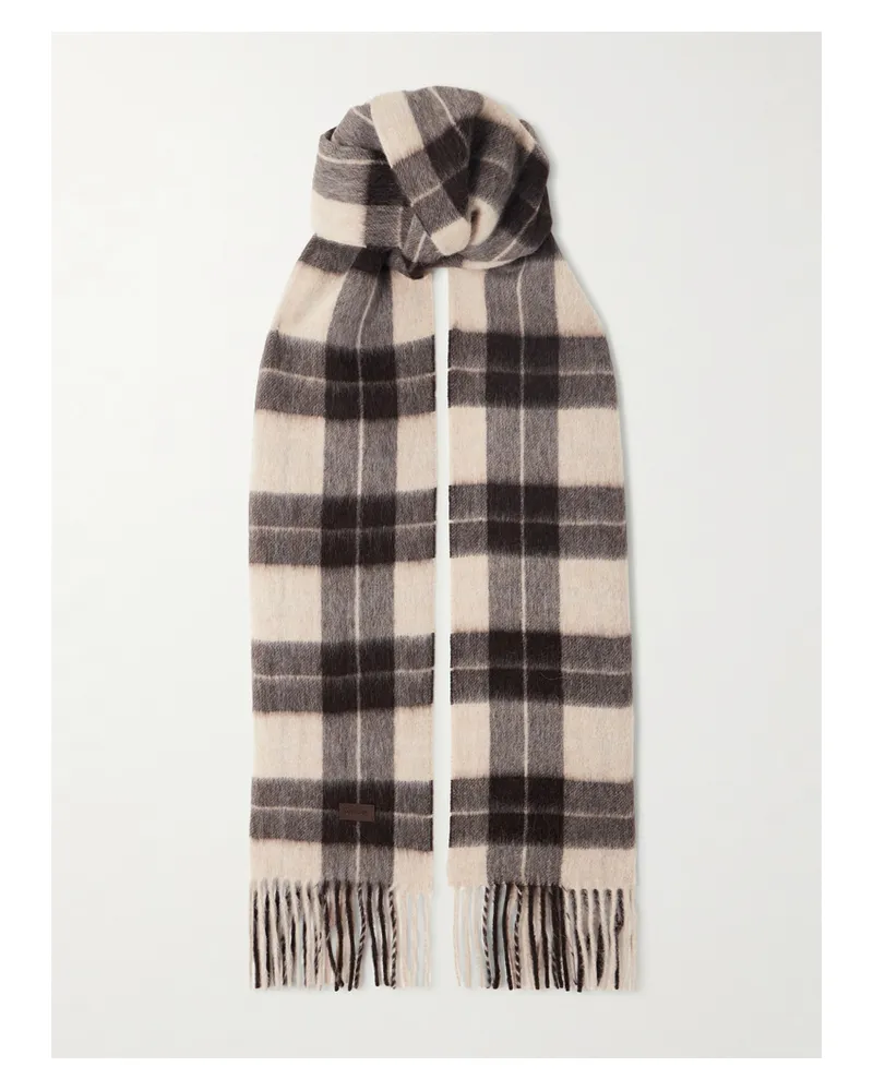 Saint Laurent Fringed Checked Llama And Wool-blend Scarf - Brown Brown