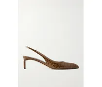Croc-effect Leather Slingback Pumps - Brown
