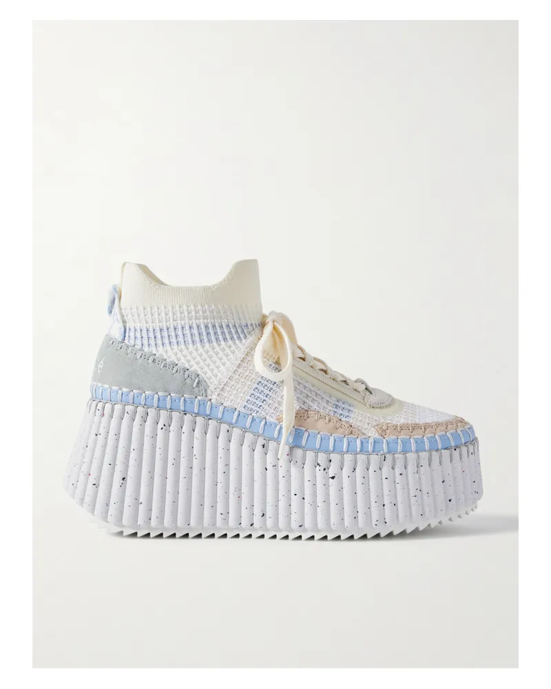 Chloé Nama Leather-trimmed Embroidered Suede And Mesh Platform Sneakers - White White